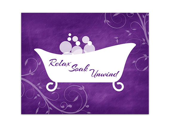 Scroll Bathroom Wall Art - Purple & White Clawfoot Bathtub "Relax Soak Unwind" - BATH162