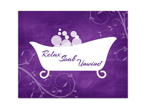 Scroll Bathroom Wall Art - Purple & White Clawfoot Bathtub "Relax Soak Unwind" - BATH162