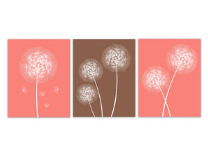 Dandelion Wall Art, Coral and Brown Home Decor CANVAS or PRINTS, Coral Nursery Art, Bathroom Canvas, Dandelion Print - HOME228