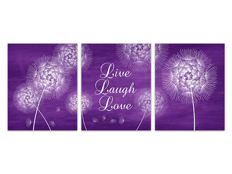 Live Laugh Love CANVAS or PRINTS, Purple Home Decor Wall Art Prints, Bedroom Decor, Dandelion Wall Art, Floral Print - HOME236