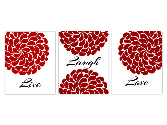 Live Laugh Love CANVAS, Wall Art PRINTS, Red and Gray Bedroom Decor, Bathroom Wall Art, Flower Burst Home Decor - HOME253