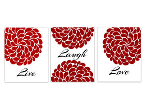 Live Laugh Love CANVAS, Wall Art PRINTS, Red and Gray Bedroom Decor, Bathroom Wall Art, Flower Burst Home Decor - HOME253