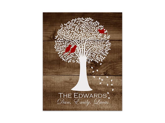 Personalized Brown Rustic Family Tree with Red Love Birds Wall Art - HOME255