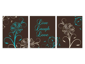 Brown and Turquoise Wall Art Prints, Flower Artwork, Modern Home Decor, Live Laugh Love Canvas, Bedroom Art Prints, Brown Bathroom - HOME259
