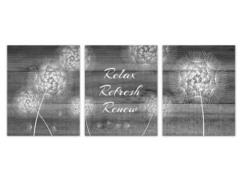 Relax Refresh Renew CANVAS, Dandelion Wall Art, Gray Bathroom Art, Wood Effect Dandelion Bathroom Decor, Set of 3 Bath Art Prints - BATH178