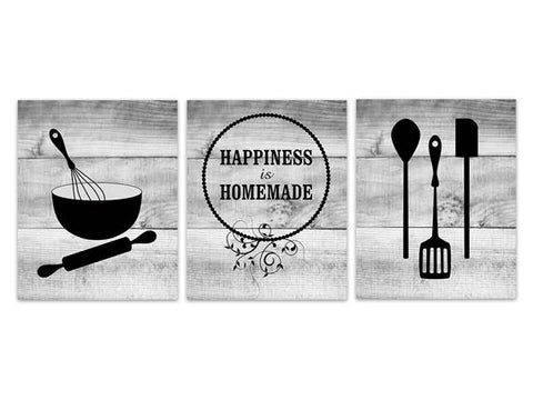 Happiness is Homemade Sign, Home Decor Wall Art, Rustic Kitchen CANVAS, Kitchen Utensils Wall Art Prints, Black Gray Kitchen Art - HOME267
