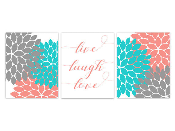 Coral and Aqua Bedroom CANVAS Wall Art, Live Laugh Love, Bedroom Decor, Typography Art Print, Home Decor Wall Art - HOME269