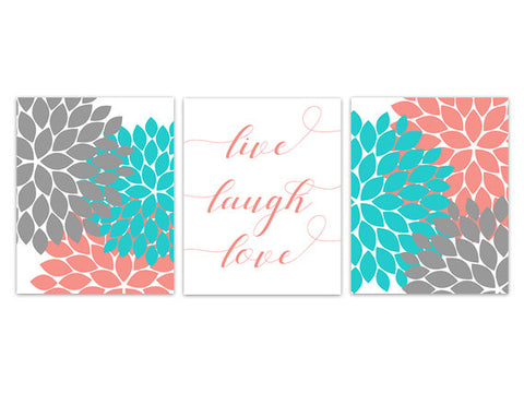 Coral and Aqua Bedroom CANVAS Wall Art, Live Laugh Love, Bedroom Decor, Typography Art Print, Home Decor Wall Art - HOME269