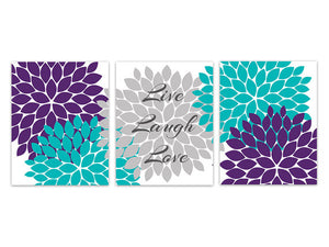 Home Decor Wall Art, Flower Burst Canvas, Purple Teal Gray Floral Art Prints, Bedroom Art, Live Laugh Love Canvas - HOME271