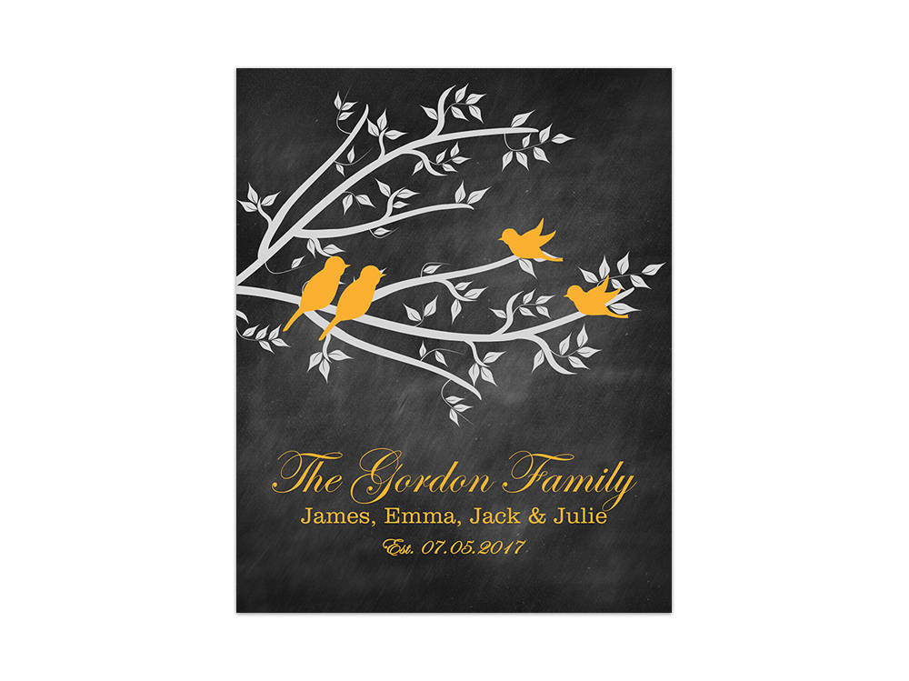Personalized Black Chalkboard Family Tree with Orange Love Birds Wall Art - HOME280