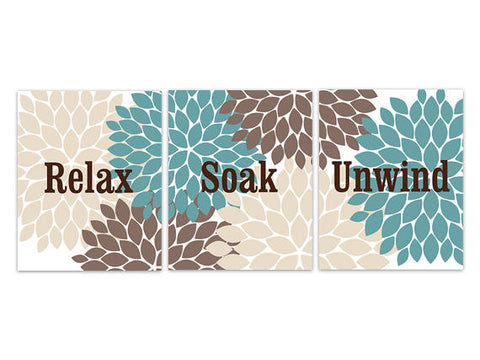 Teal Floral Design Wall Art, Relax Soak Unwind Canvas, Bathroom CANVAS or PRINTS, Spas Decor, Brown and Teal Bathroom Decor - BATH160