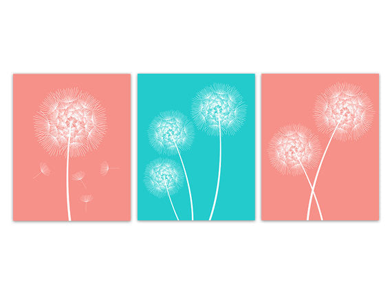 Coral & Aqua Dandelion Bedroom or Living Room Décor 3pc Wall Art - HOME221