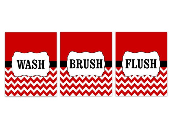 Red Chevron Bathroom 3pc Set Wall Art "Wash Brush Flush" - BATH174