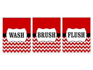 Red Chevron Bathroom 3pc Set Wall Art "Wash Brush Flush" - BATH174
