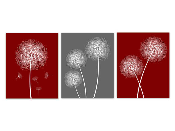 Red and Gray Home Decor CANVAS or PRINTS, Dandelion Wall Art, Nursery Art, Bathroom Canvas, Dandelion Print - HOME232