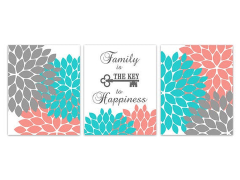 Family is The Key to Happiness, Family Sign, CANVAS or PRINTS, Flower Burst Coral Gray Aqua, Modern Home Decor Wall Art - HOME240