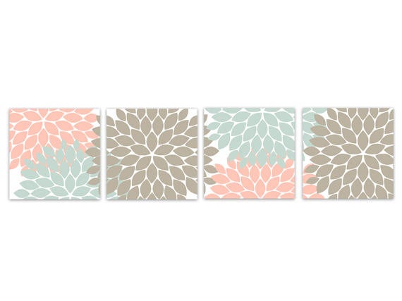 Light Blue, Tan & Pink Flower Burst Chic Home Décor - 4pc Square Wall Art - HOME249