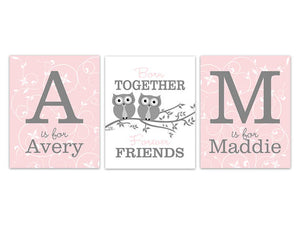Personalized Pink Owls Twin Sisters 3pc Wall Art "Born Together Forever Friends" - KIDS277