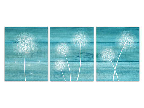 Dandelion Wall Art, Turquoise Rustic Decor, Home Decor CANVAS or PRINTS, Set of 3 Dandelion Art, Country Living Room Decor - HOME283