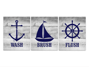 Nautical Bathroom Rules Wall Art, Wash Brush Flush CANVAS or PRINTS, Set of 3 Kids Bathroom Decor, Boys Bathroom Art, Anchor Wheel - BATH186