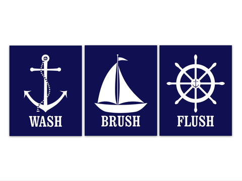 Wash Brush Flush CANVAS or PRINTS, Nautical Bathroom Rules Wall Art, Kids Bathroom Decor, Navy Boys Bathroom Art, Anchor Wheel - BATH189