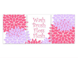 Wash Brush Floss Flush, Girls Bathroom Rules Wall Art Prints, Sisters Bathroom CANVAS, Purple Bathroom Flower Burst Bathroom Decor - BATH191