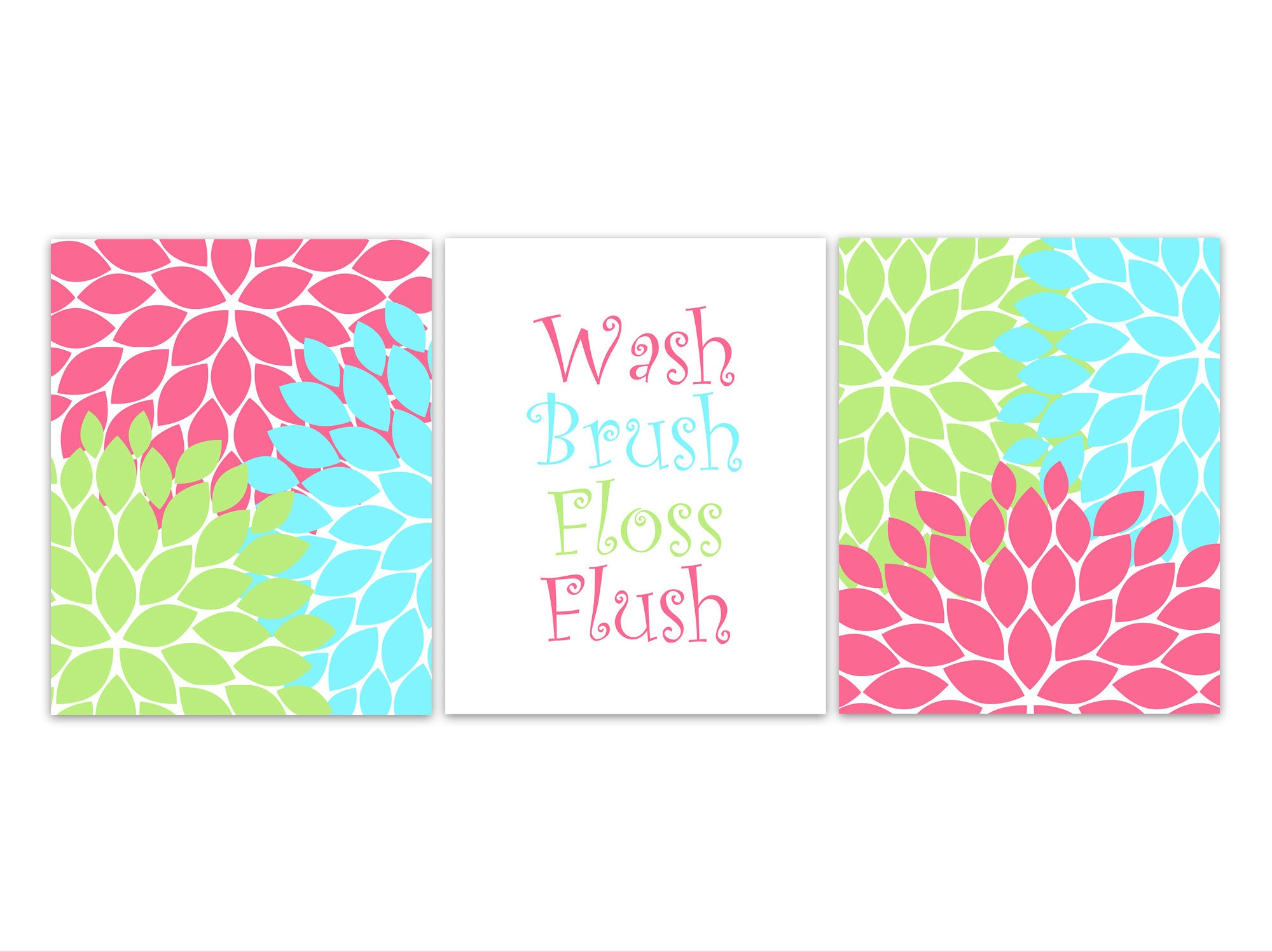 Wash Brush Floss Flush, Girls Bathroom Rules Wall Art Prints, Sisters Bathroom CANVAS, Aqua Lime Pink Flower Burst Bathroom Decor - BATH192