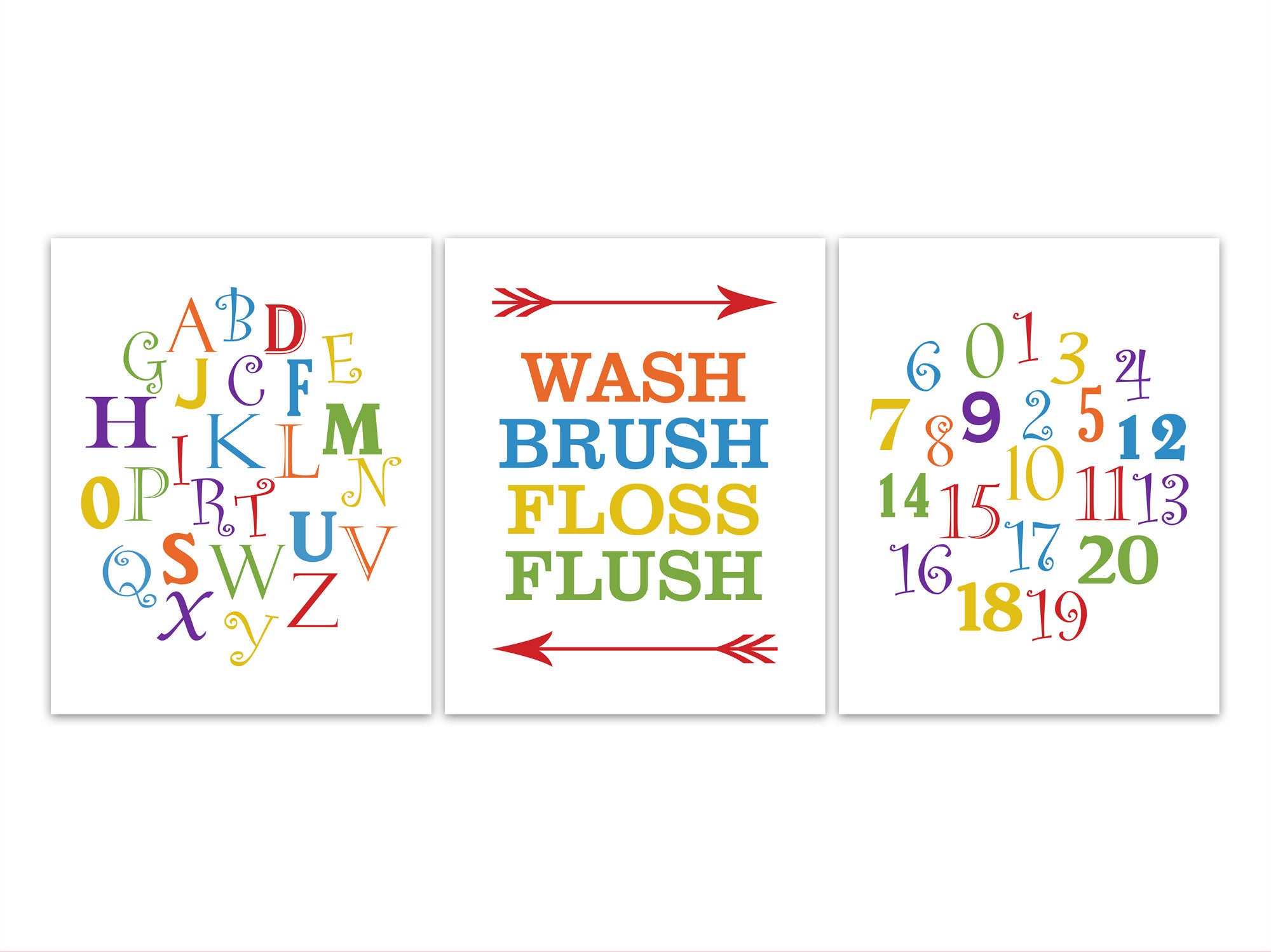 Wash Brush Floss Flush Bathroom Rules Wall Art Prints of Canvas, Alphabet Art, Kids Bathroom Decor, 123 Art, Set of 3 Bathroom Art - BATH195