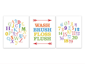 Wash Brush Floss Flush Bathroom Rules Wall Art Prints of Canvas, Alphabet Art, Kids Bathroom Decor, 123 Art, Set of 3 Bathroom Art - BATH195