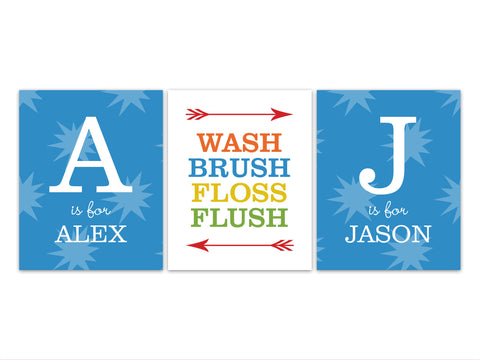Boys Bathroom Rules Prints, Wash Brush Floss Flush, Kids Bathroom, Brothers Bathroom, Personalized Bathroom CANVAS or PRINTS - BATH196