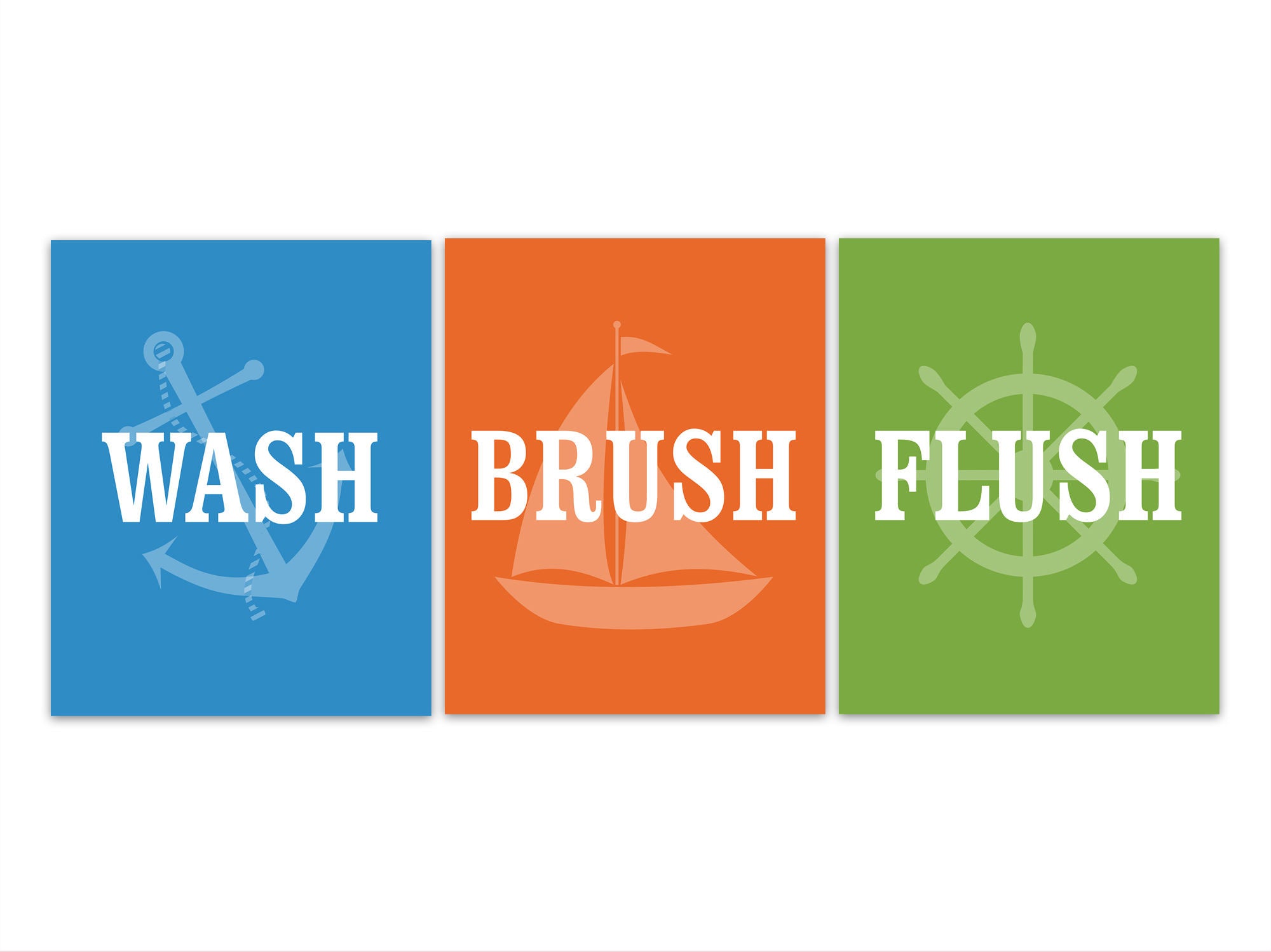 Boys Bathroom, Wash Brush Flush Bathroom Rules, Blue Orange Bathroom Nautical Bathroom Art, Kids Bathroom Decor, Brothers Bathroom - BATH198