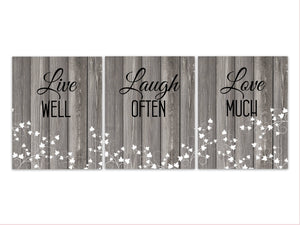Live Well Laugh Often Love Much, Rustic Home Decor Wall Art Prints or Canvas, Ivy Prints, Gray Farmhouse Decor, Family Room Sign - HOME297