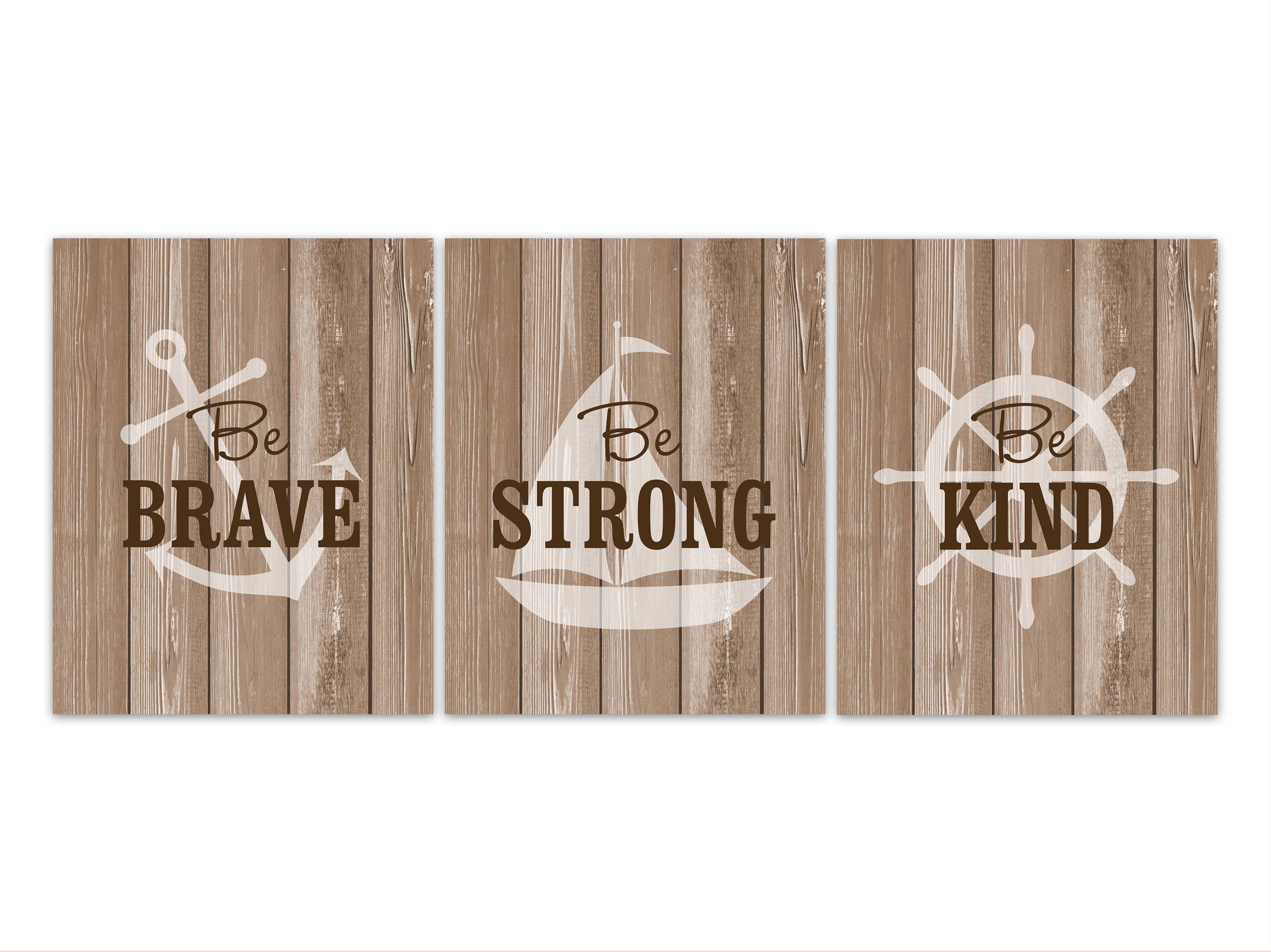 Set of 3 Rustic Nursery Decor, Nautical Theme Wall Art Prints, Nursery Canvas, Be Brave Be Strong Be Kind Quote, Farmhouse Nursery - KIDS285