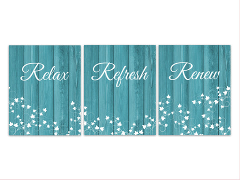 Relax Refresh Renew Bathroom Quote Art Prints, CANVAS, Turquoise Bathroom Decor, Set of 3 Rustic Bathroom Wall Art, Guest Bathroom - BATH200