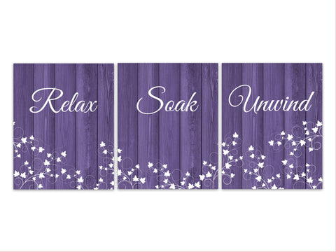 Purple Bathroom Wall Art, Relax Soak Unwind Bathroom Quote, Guest Bathroom CANVAS, Rustic Modern Plum Bathroom Decor, Spa Signs - BATH201