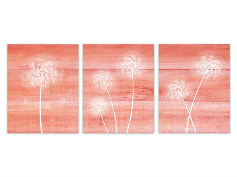 Coral Wall Art PRINTS or CANVAS, Dandelion Art, Home Decor, Coral Bedroom Art, Coral Nursery, Wood Effect, Country Home Decor - HOME282
