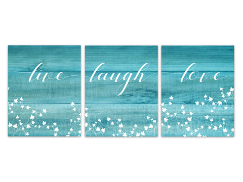 Turquoise Decor, Live Laugh Love, Rustic Wall Art Print or Canvas, Ivy Prints, Set of 3 Bedroom Wall Art, Housewarming Gift - HOME291
