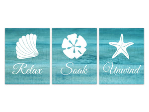 Aqua Bathroom CANVAS, Relax Soak Unwind, Rustic Bathroom Decor, Sea Shells, Beach House Bathroom, Sand Dollar, Starfish Art - BATH218