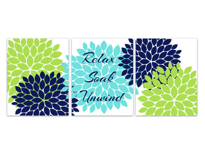 Bathroom CANVAS or PRINTS Wall Art, Relax Soak Unwind, Blue Green Bathroom Decor, Modern Bathroom Art, Set of 3 Bath Art Prints - BATH222