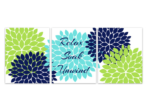 Bathroom CANVAS or PRINTS Wall Art, Relax Soak Unwind, Blue Green Bathroom Decor, Modern Bathroom Art, Set of 3 Bath Art Prints - BATH222