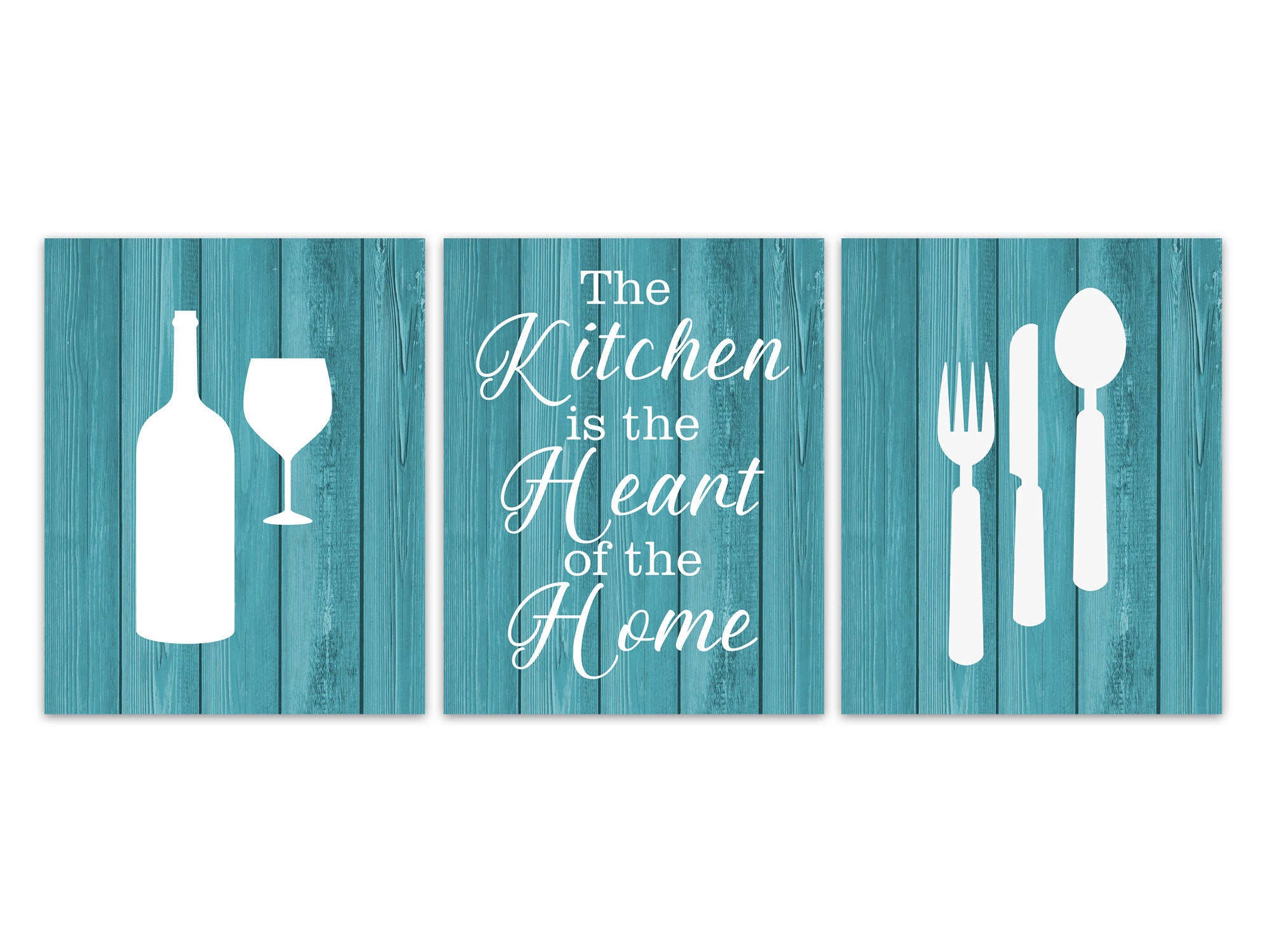 Teal Kitchen, Fork Spoon Knife Art, The Kitchen is The Heart of The Home Kitchen Quote Art, Kitchen CANVAS, Rustic Kitchen Decor - HOME308