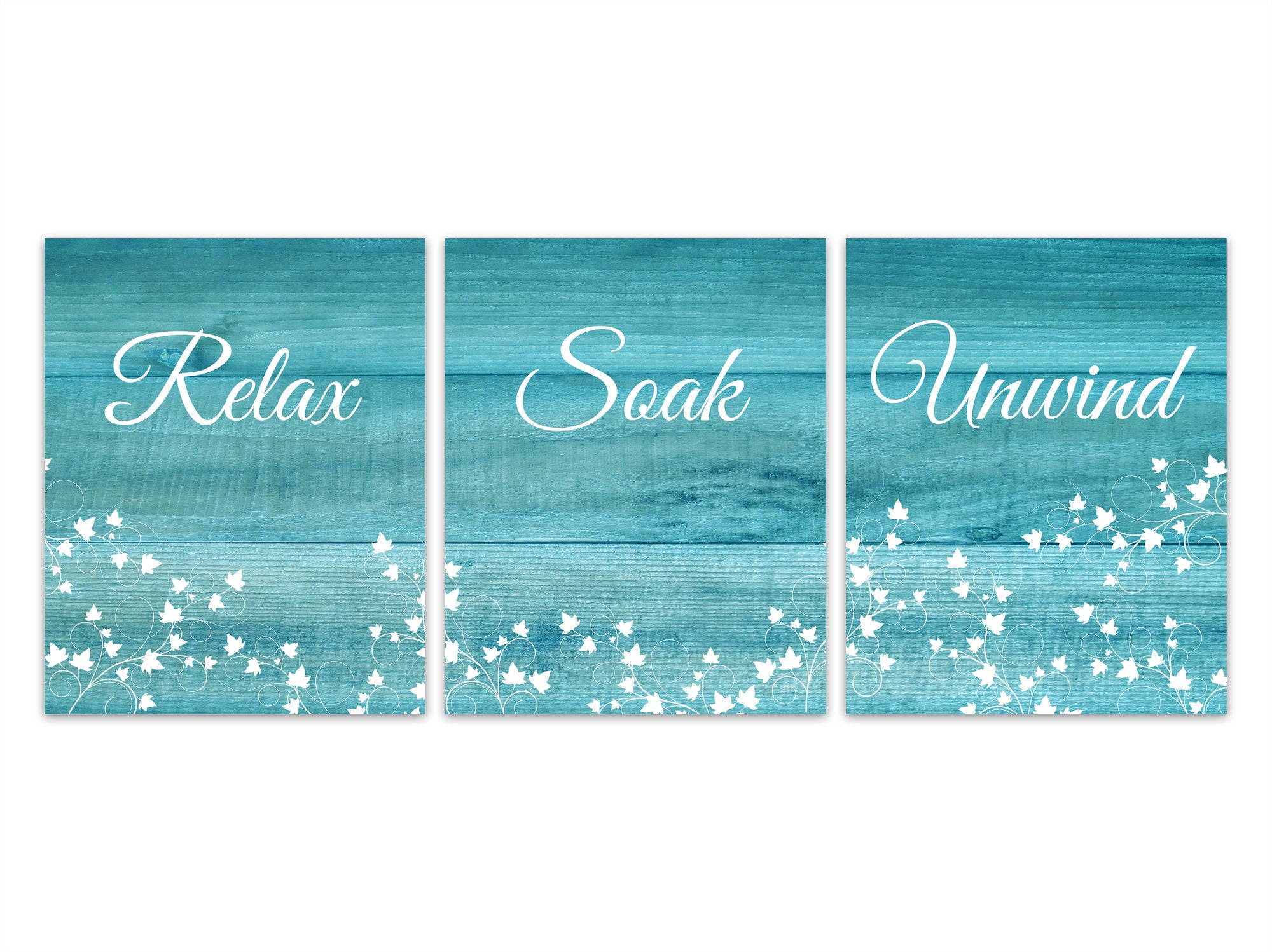 Turquoise Bathroom Wall Art, Relax Soak Unwind, Ivy Prints, Set of 3 Wood Effect CANVAS or PRINT, Housewarming Gift, Bath Art - BATH184