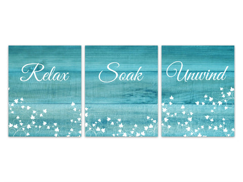 Turquoise Bathroom Wall Art, Relax Soak Unwind, Ivy Prints, Set of 3 Wood Effect CANVAS or PRINT, Housewarming Gift, Bath Art - BATH184