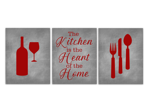 Kitchen CANVAS, Utensils Wall Decor, Gray and Red Kitchen Decor, Modern Kitchen Pictures, The Kitchen is the Heart of the Home - HOME317