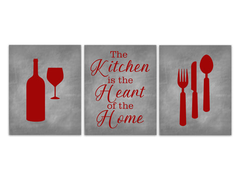 Kitchen CANVAS, Utensils Wall Decor, Gray and Red Kitchen Decor, Modern Kitchen Pictures, The Kitchen is the Heart of the Home - HOME317