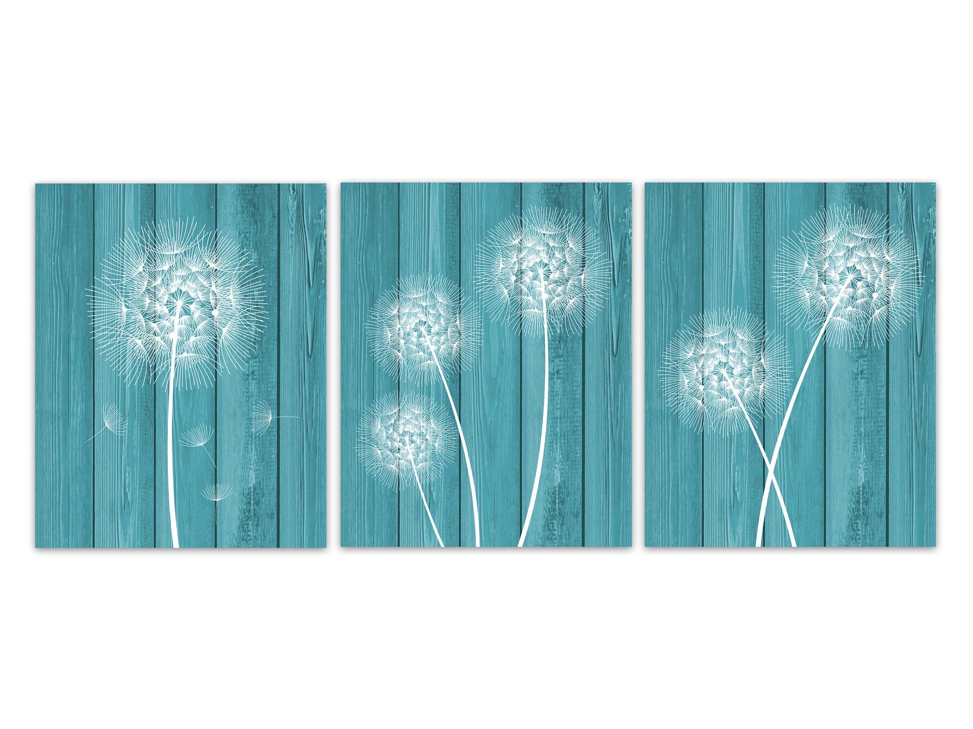 Rustic Home Decor CANVAS, White Dandelion Art, Bathroom Wall Decor, Teal Wood Effect Dandelion Bedroom Decor, Nursery Wall Art - HOME319