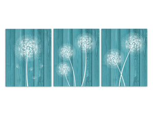 Rustic Home Decor CANVAS, White Dandelion Art, Bathroom Wall Decor, Teal Wood Effect Dandelion Bedroom Decor, Nursery Wall Art - HOME319