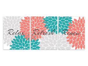 Relax Refresh Renew, Bathroom CANVAS Wall Art, Teal and Coral Bathroom Decor, Modern Bathroom Art, Set of 3 Floral Bath Art Prints - BATH226