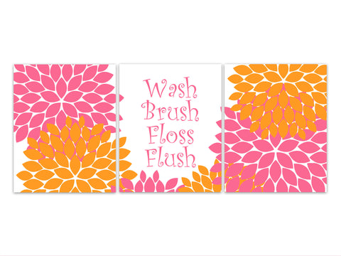 Girls Bathroom Wall Art Prints or CANVAS, Set of 3 Flower Burst Bathroom Rules Signs, Bathroom Quotes Wash Brush Floss Flush - BATH190