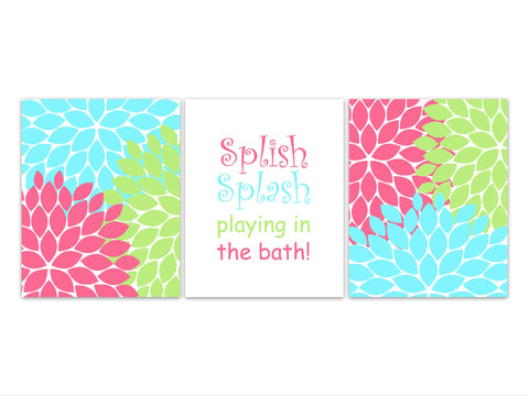Splish Splash In The Bath, Kids Bathroom Wall Art, Sisters Bathroom CANVAS, Aqua Lime Pink Flower Burst Girls Bathroom Art Prints - BATH193